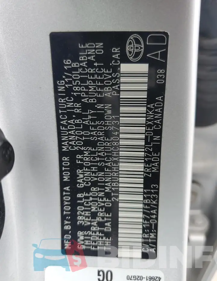 2T1BURHEXHC804731 Photo# 12