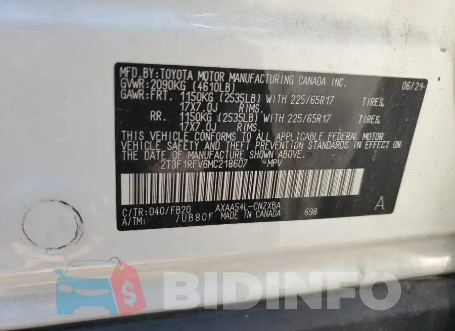 2T3F1RFV6MC218607 Photo# 12