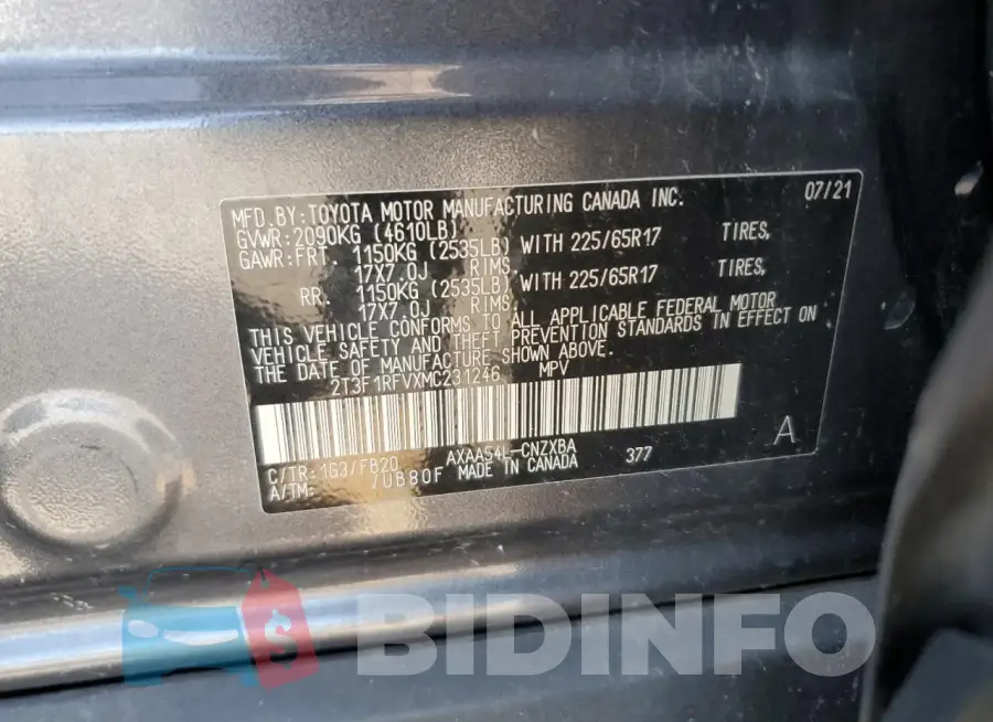 2T3F1RFVXMC231246 Photo# 13