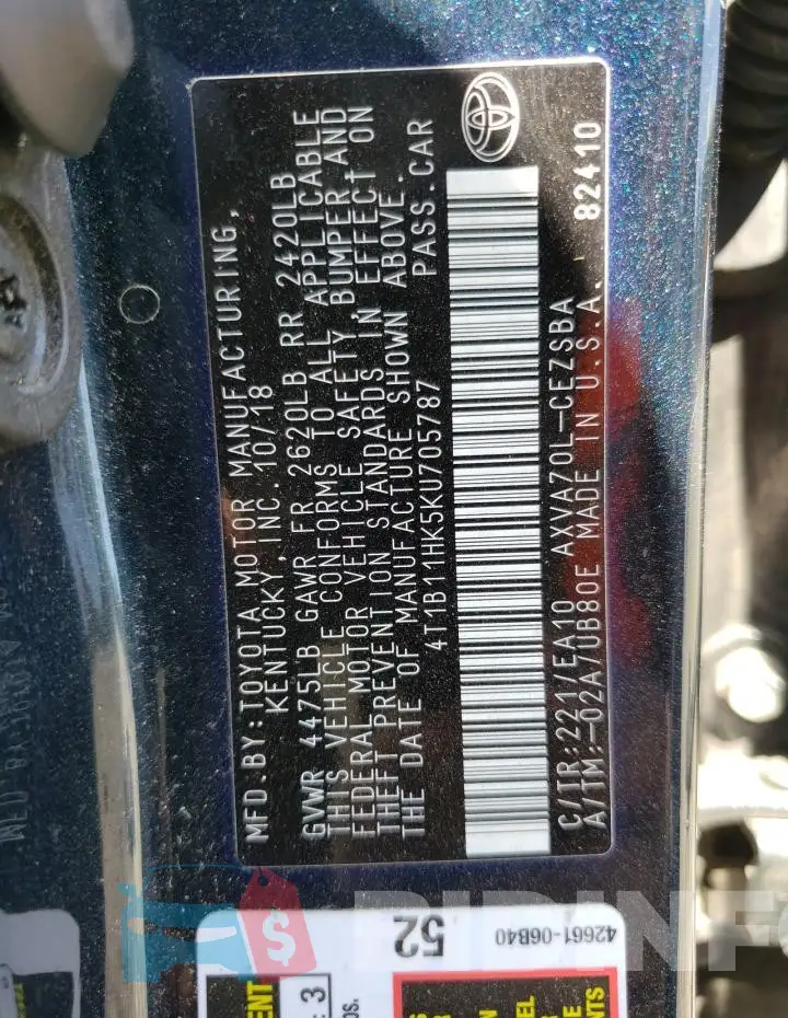 4T1B11HK5KU705787 Photo# 12