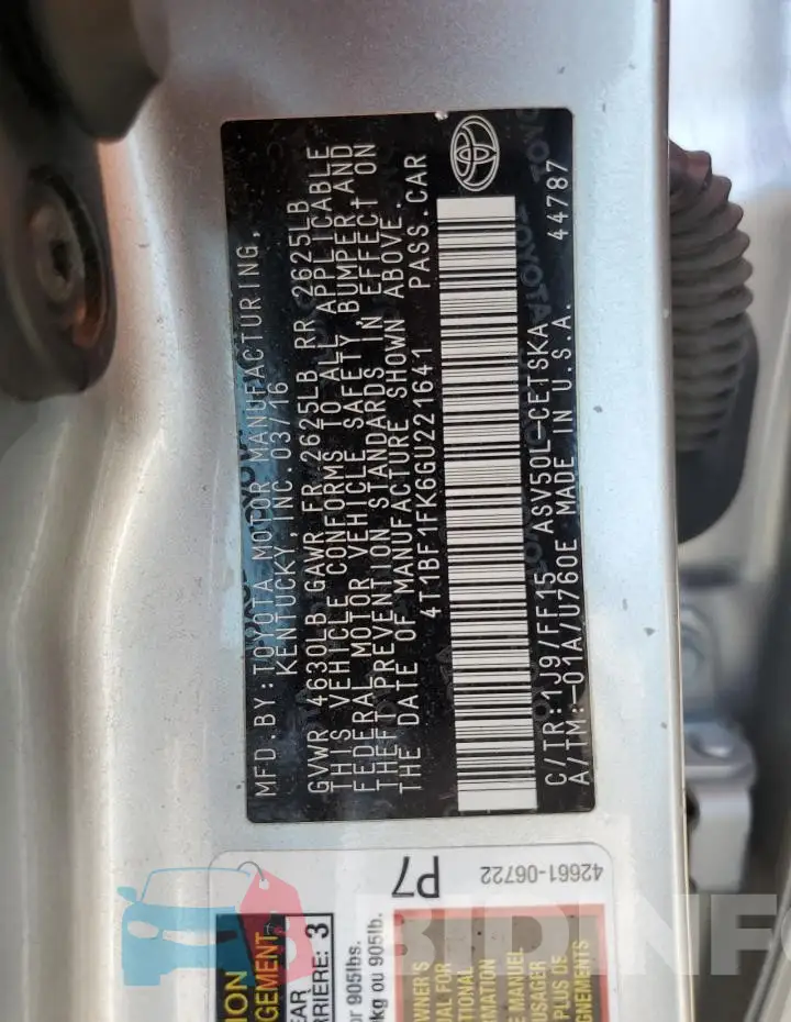 4T1BF1FK6GU221641 Photo# 12