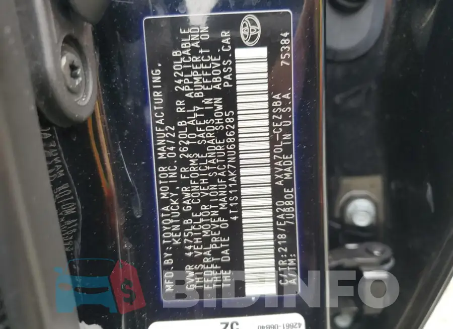 4T1S11AK7NU686285 Photo# 12