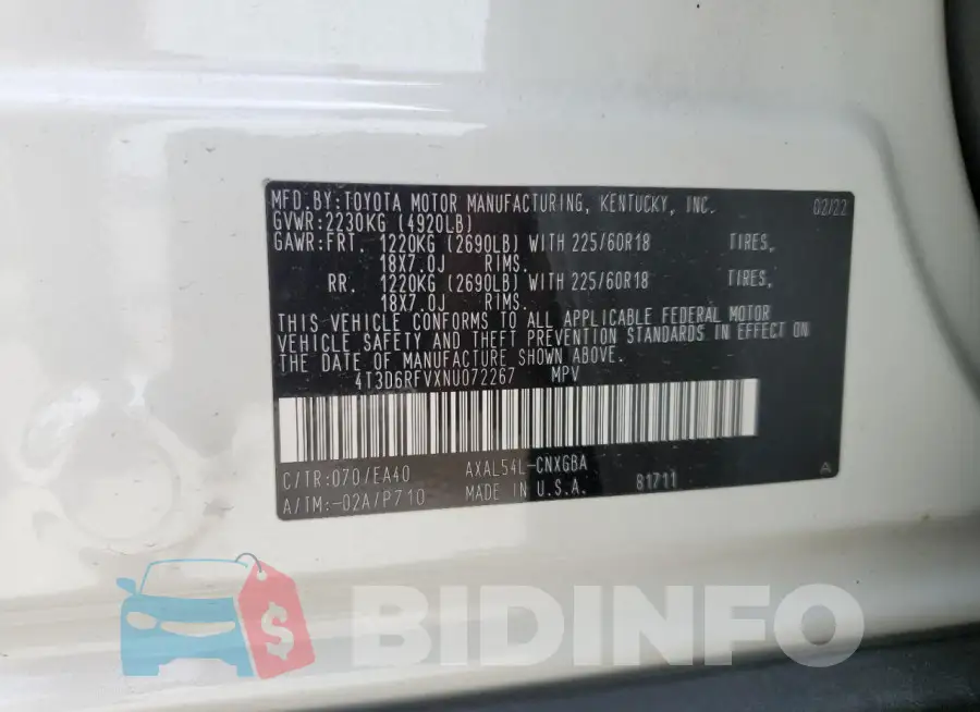 4T3D6RFVXNU072267 Photo# 13