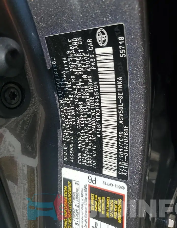 4T4BF1FK9FR455194 Photo# 13
