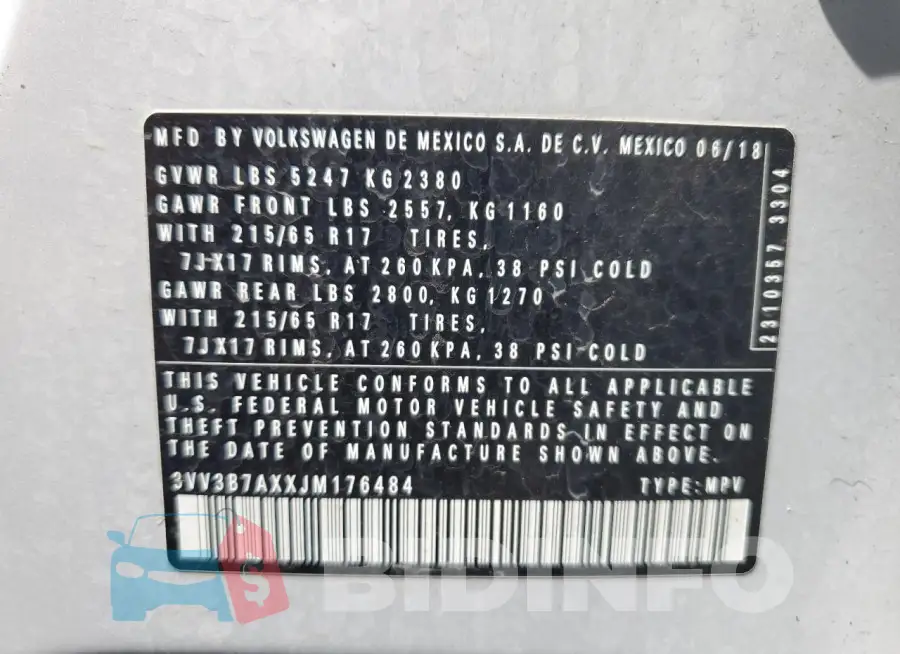 3VV3B7AXXJM176484 Photo# 13