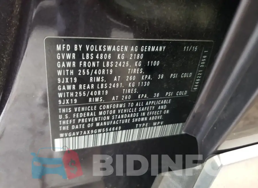 WVGAV7AX9GW554649 Photo# 12