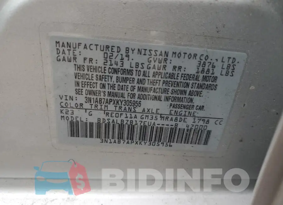 3N1AB7APXKY305956 Photo# 13