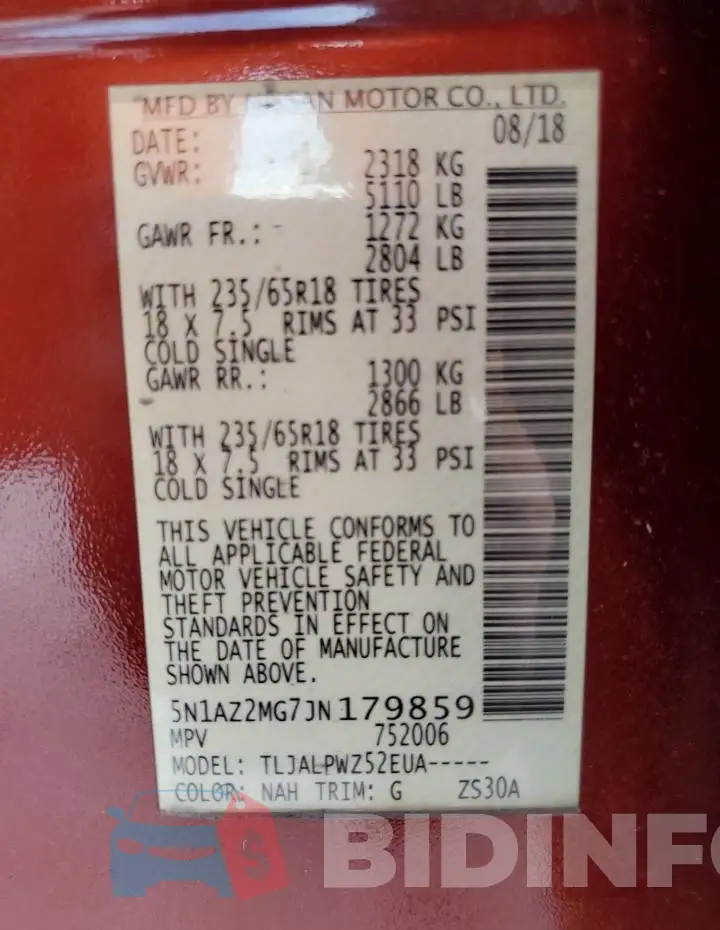 5N1AZ2MG7JN179859 Photo# 13
