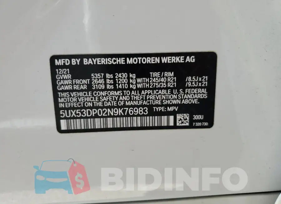 5UX53DP02N9K76983 Photo# 13