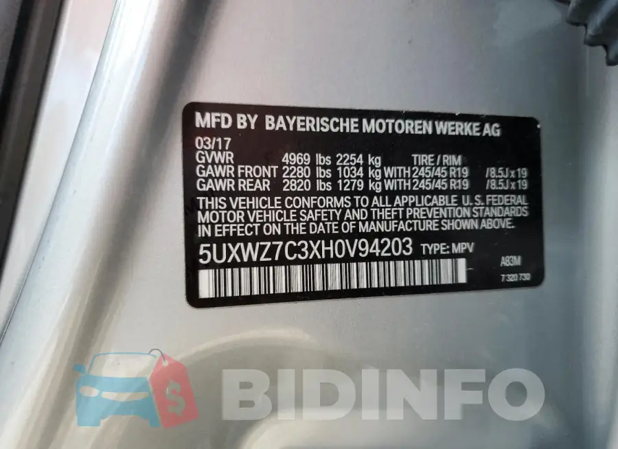 5UXWZ7C3XH0V94203 Photo# 12