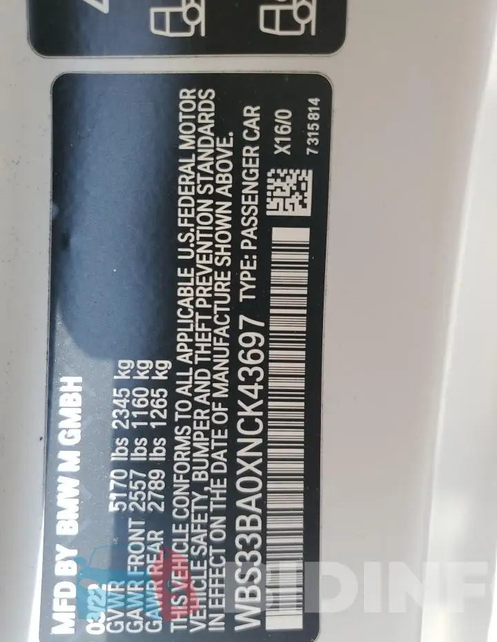 WBS33BA0XNCK43697 Photo# 13