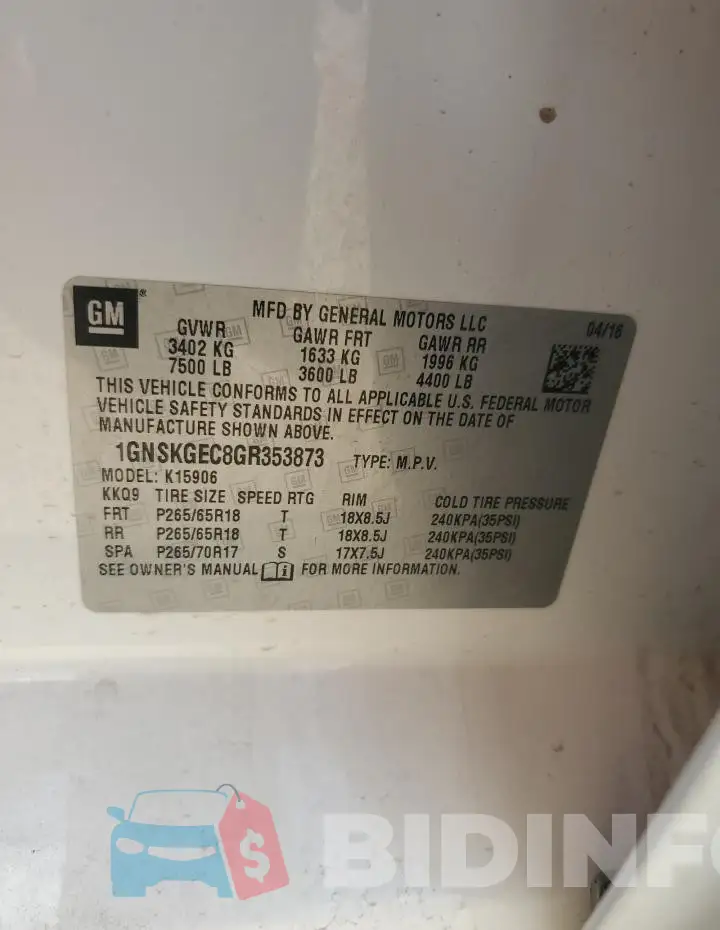 1GNSKGEC8GR353873 Photo# 13