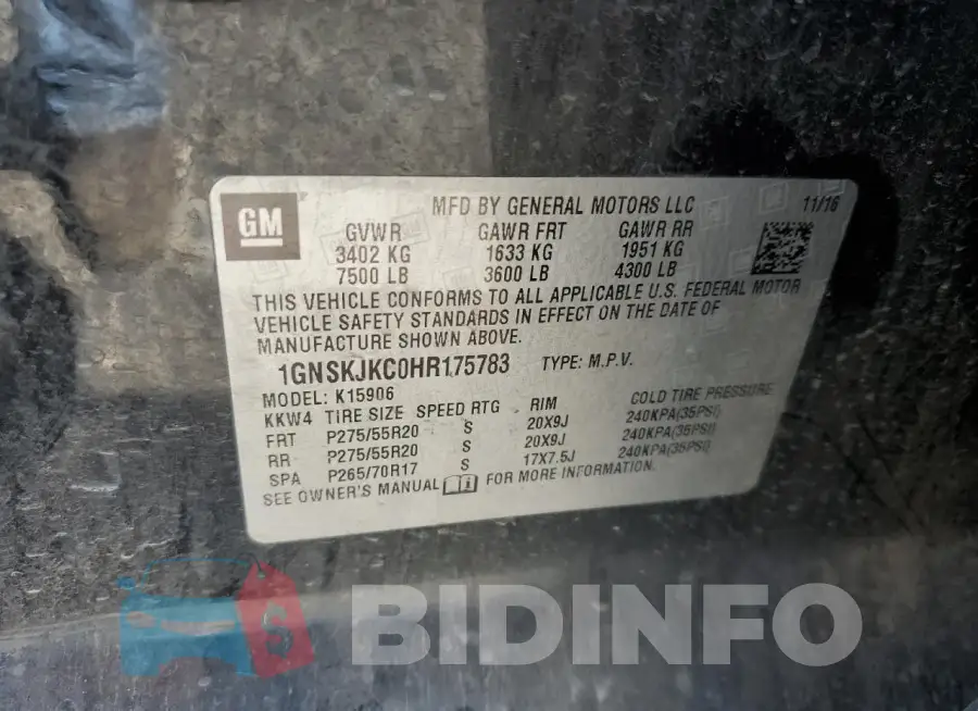 1GNSKJKC0HR175783 Photo# 13