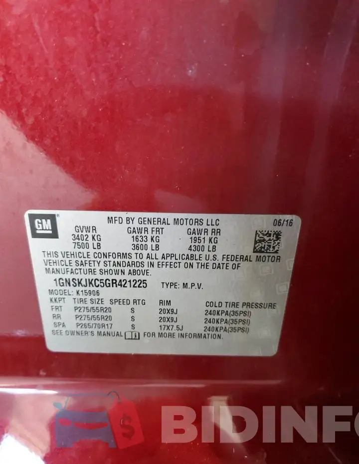 1GNSKJKC5GR421225 Photo# 14