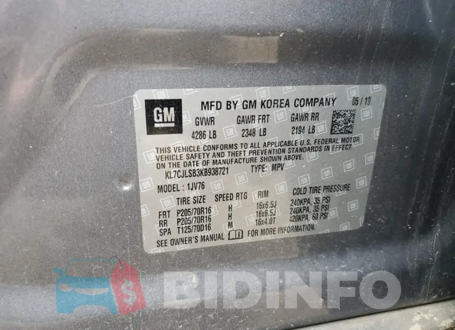 KL7CJLSB3KB938721 Photo# 12