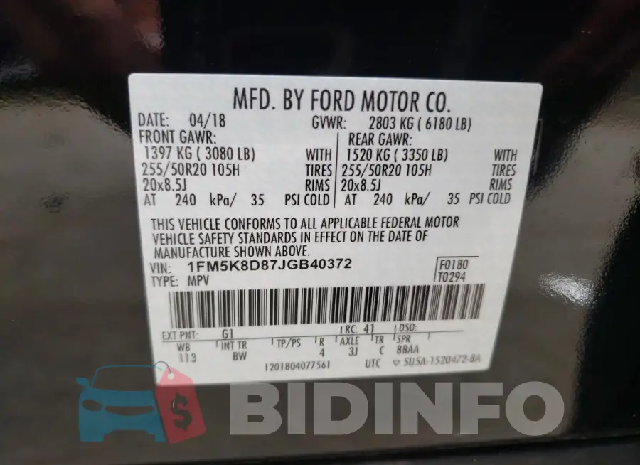 1FM5K8D87JGB40372 Photo# 13