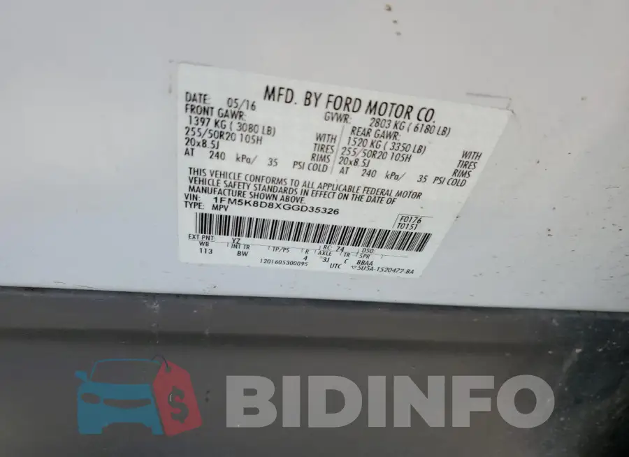 1FM5K8D8XGGD35326 Photo# 13