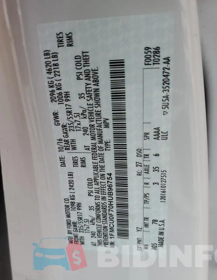 1FMCU0F70HUB96754 Photo# 14