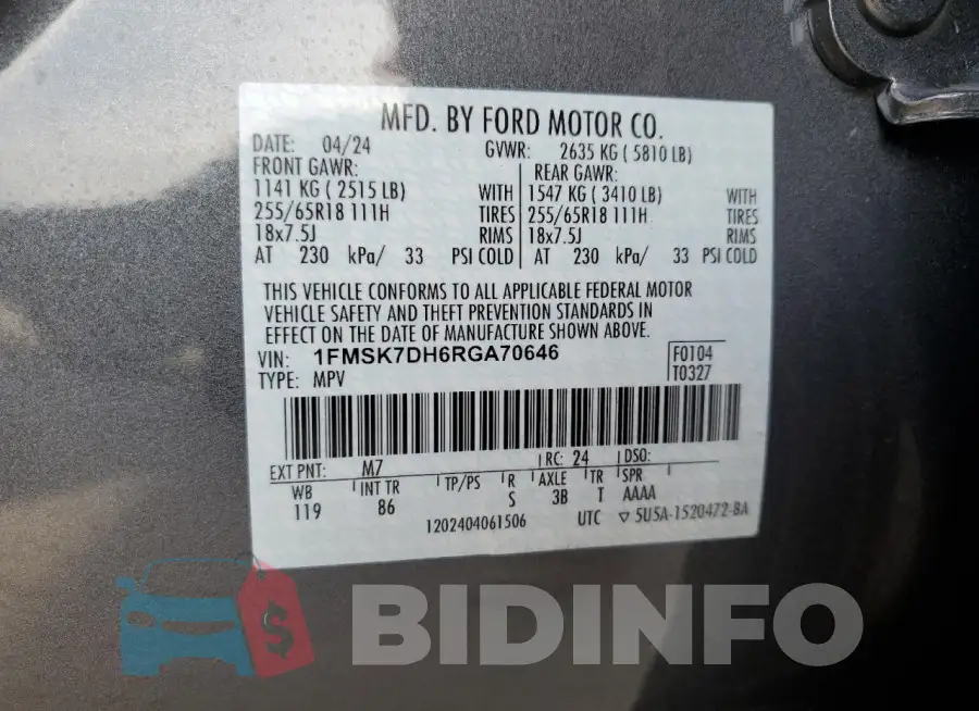 1FMSK7DH6RGA70646 Photo# 13