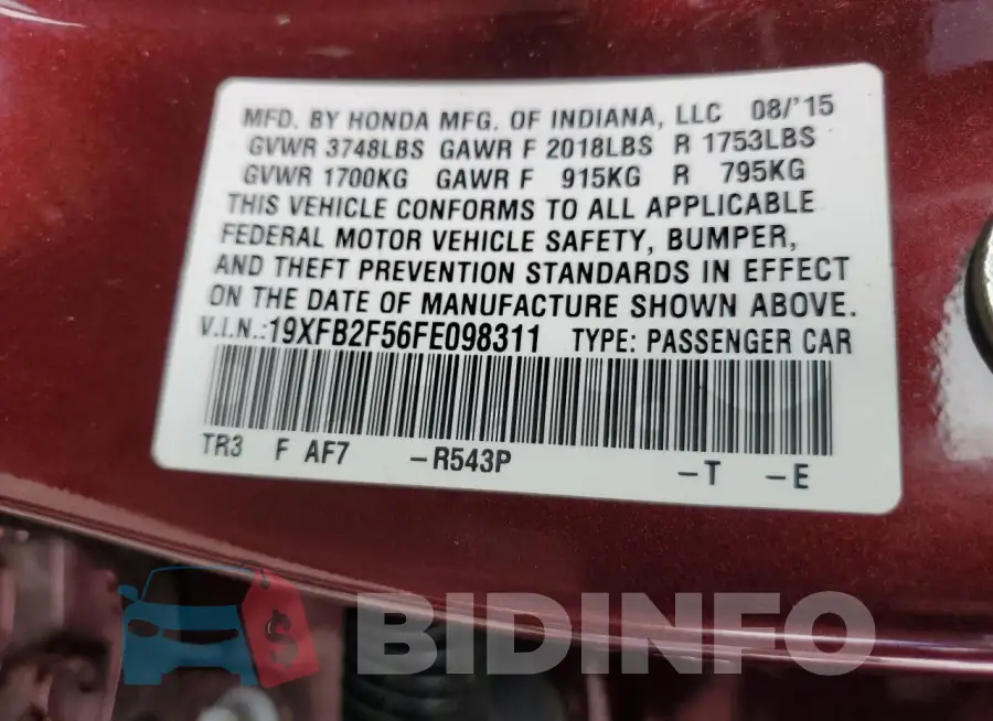 19XFB2F56FE098311 Photo# 13
