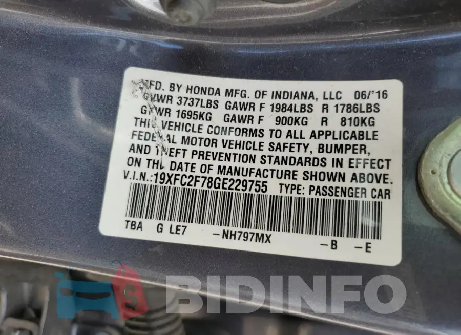 19XFC2F78GE229755 Photo# 13