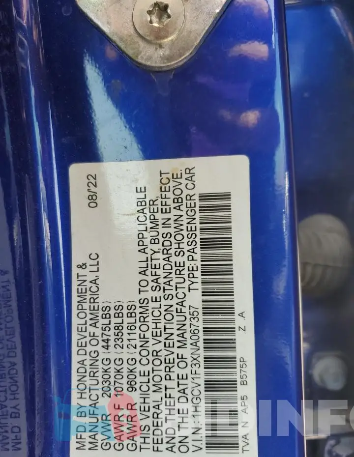 1HGCV1F3XNA067357 Photo# 12