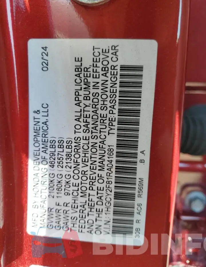 1HGCY2F81RA041681 Photo# 12