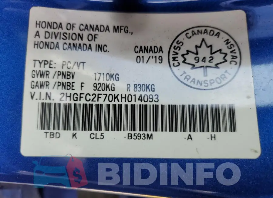 2HGFC2F70KH014093 Photo# 13