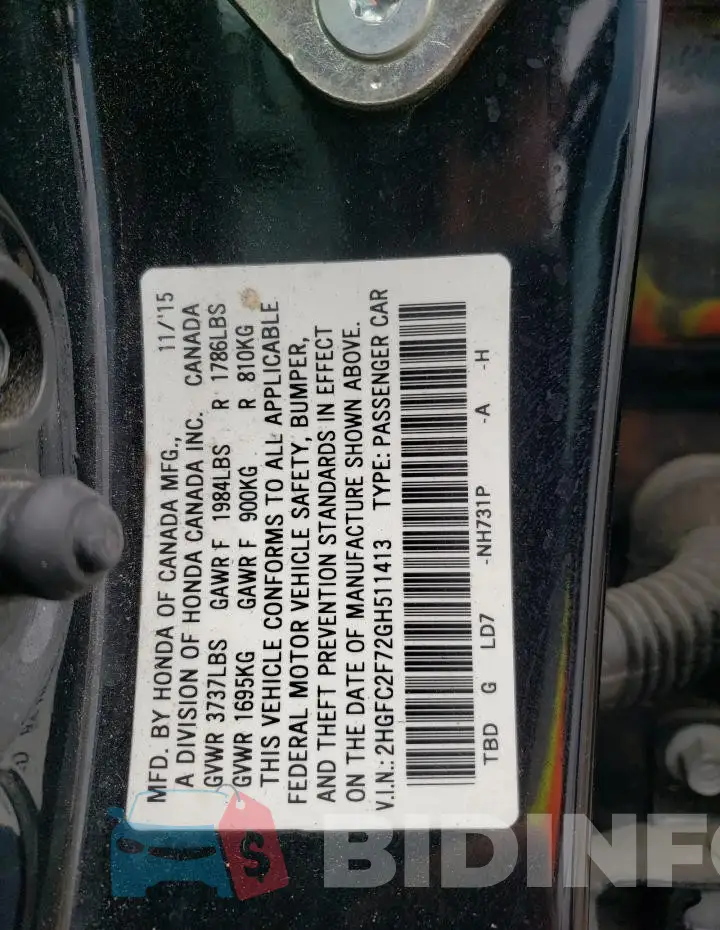 2HGFC2F72GH511413 Photo# 13