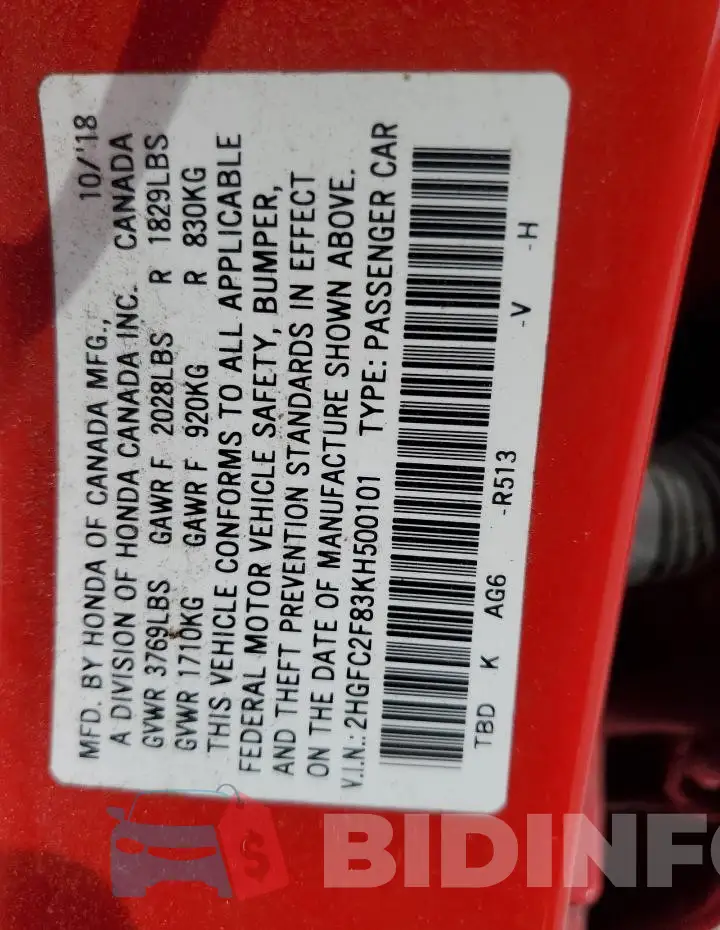 2HGFC2F83KH500101 Photo# 12