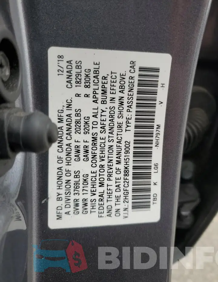 2HGFC2F88KH519002 Photo# 12