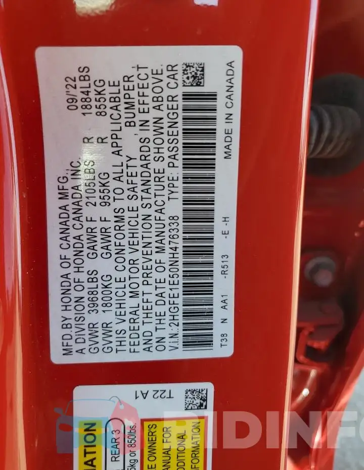 2HGFE1E50NH476338 Photo# 12