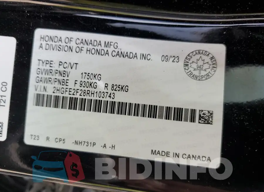2HGFE2F28RH103743 Photo# 13