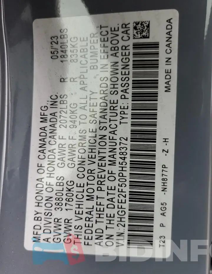 2HGFE2F50PH548372 Photo# 13
