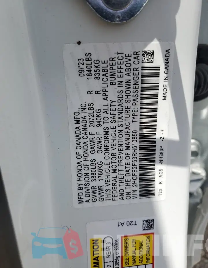2HGFE2F53RH510850 Photo# 13