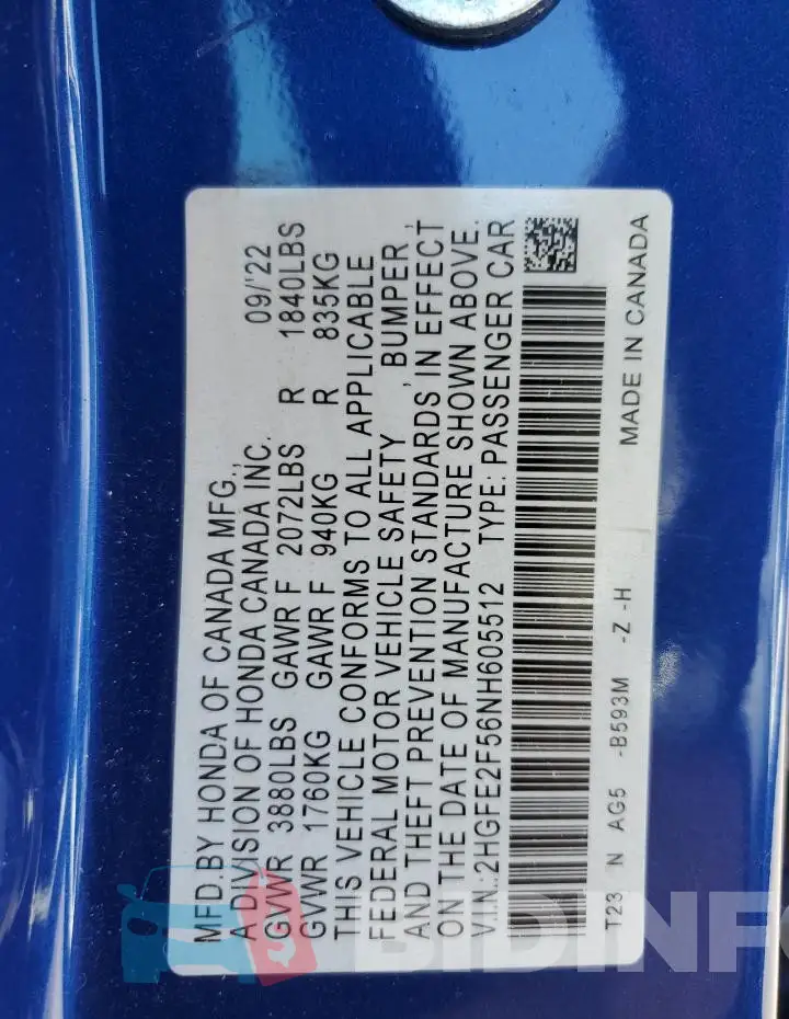 2HGFE2F56NH605512 Photo# 12