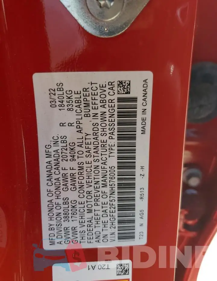 2HGFE2F57NH576005 Photo# 12