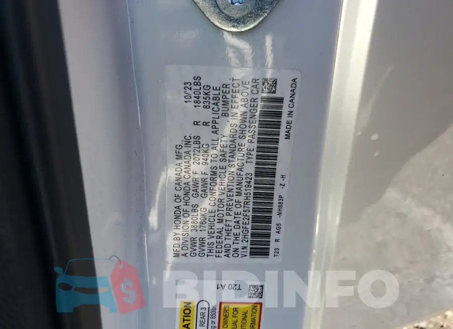 2HGFE2F57RH519423 Photo# 13