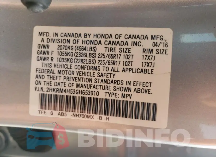 2HKRM4H53GH653910 Photo# 14