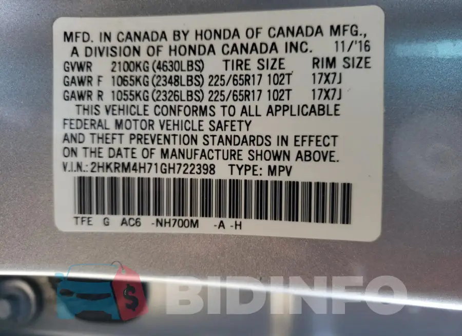 2HKRM4H71GH722398 Photo# 14