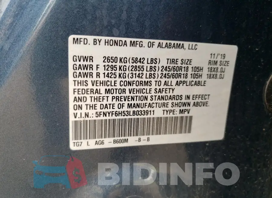 5FNYF6H53LB033911 Photo# 14