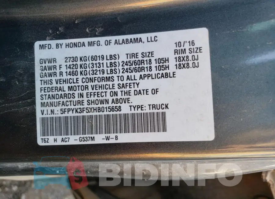 5FPYK3F5XHB015658 Photo# 12