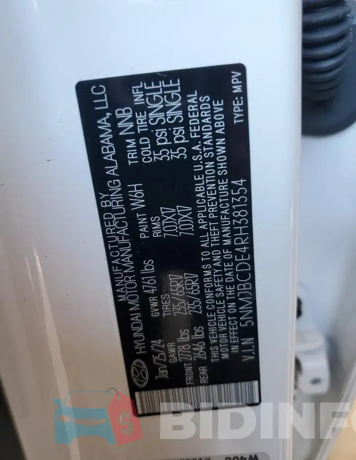 5NMJBCDE4RH381354 Photo# 13