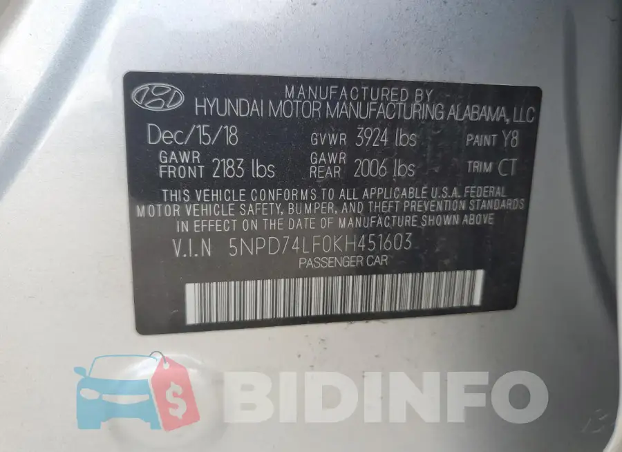 5NPD74LF0KH451603 Photo# 13
