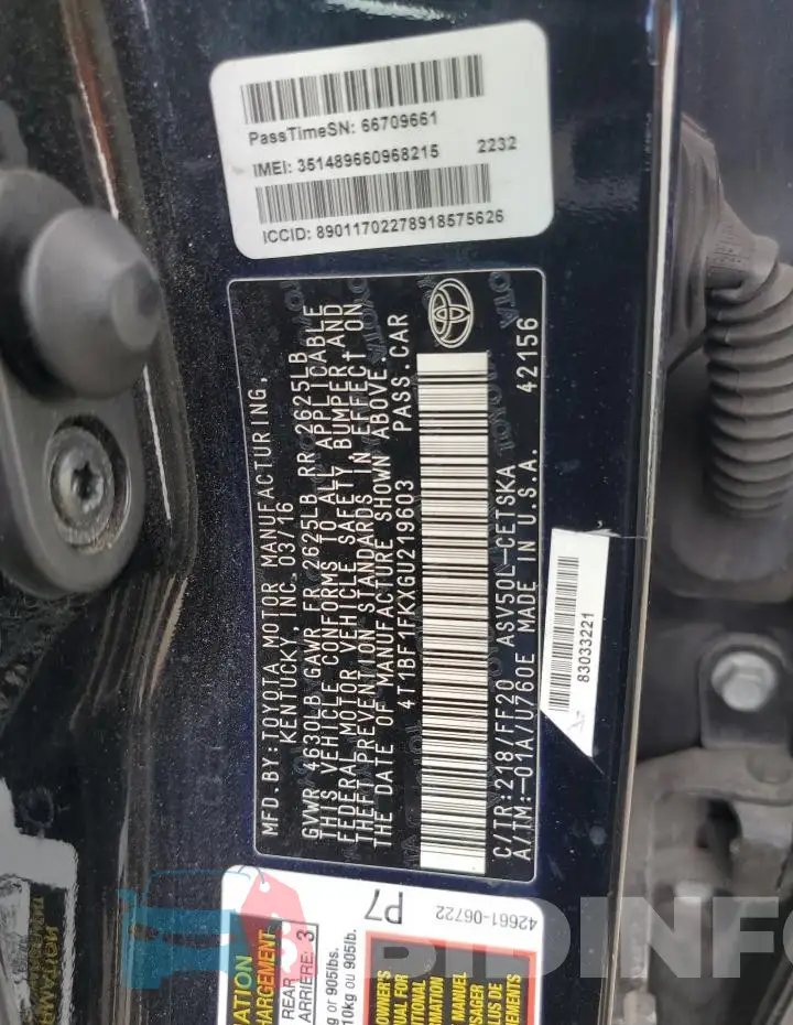 4T1BF1FKXGU219603 Photo# 12