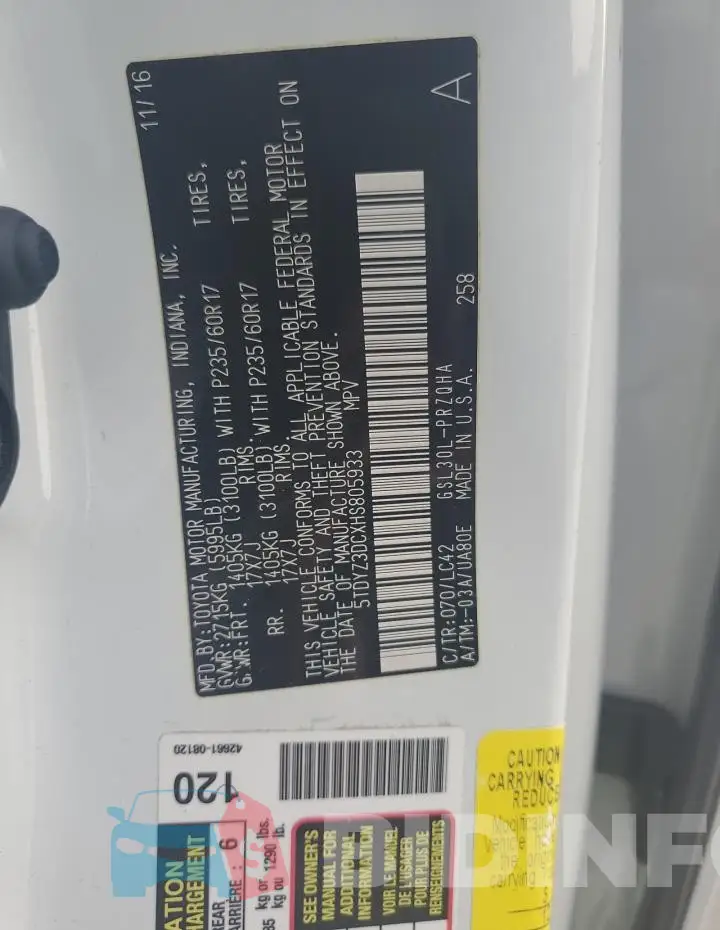 5TDYZ3DCXHS805933 Photo# 13