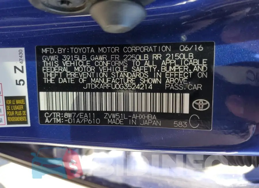 JTDKARFU0G3524214 Photo# 13