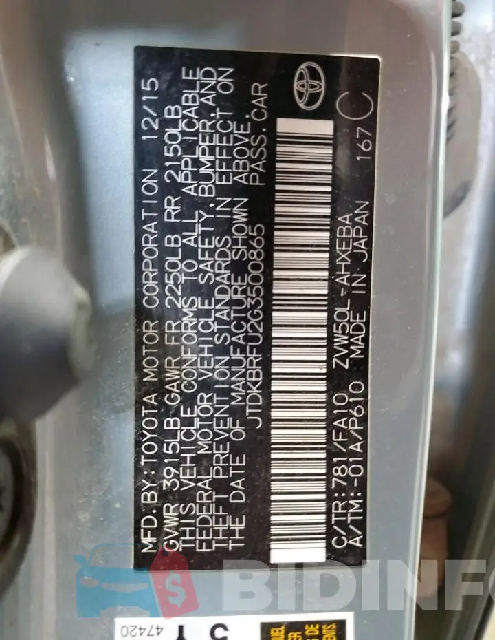 JTDKBRFU2G3500865 Photo# 12