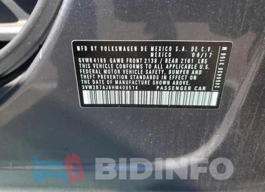 3VW2B7AJ8HM408514 Photo# 12