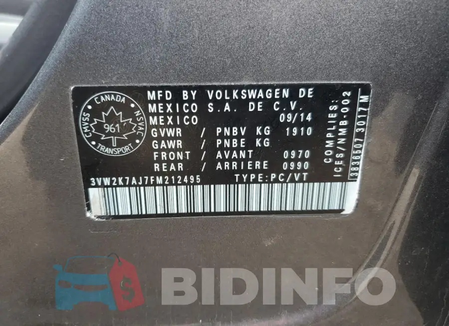 3VW2K7AJ7FM212495 Photo# 12